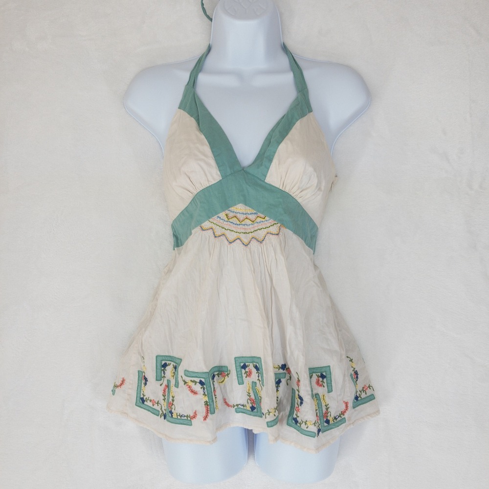 Lithe Babydoll Top Womens Size 2 Cream Embroidered Boho Cotton Blouse Anthro Y2K